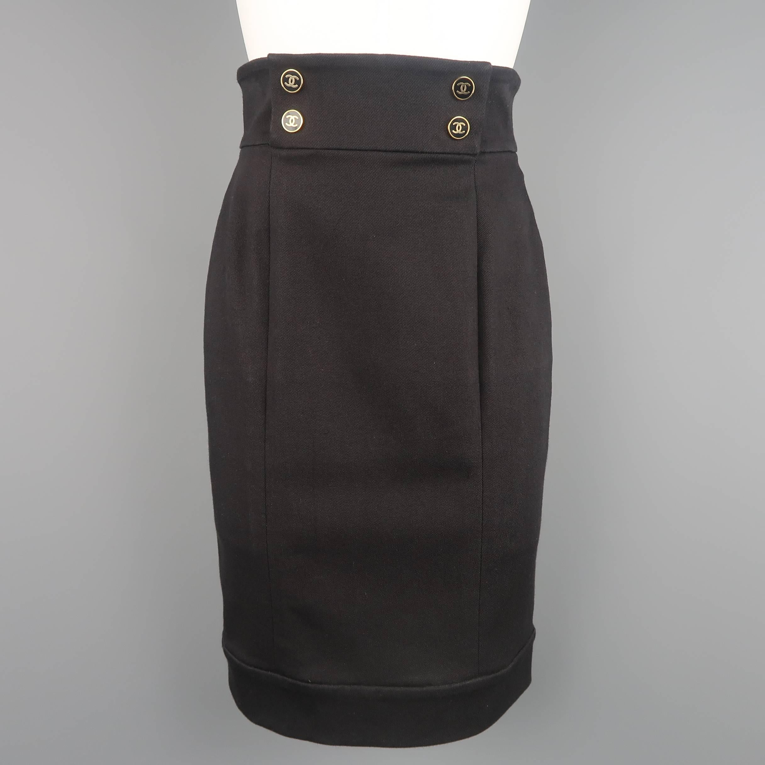 Vintage CHANEL Skirt Suit - Size 8 Black Denim Gold Logo Snap 9