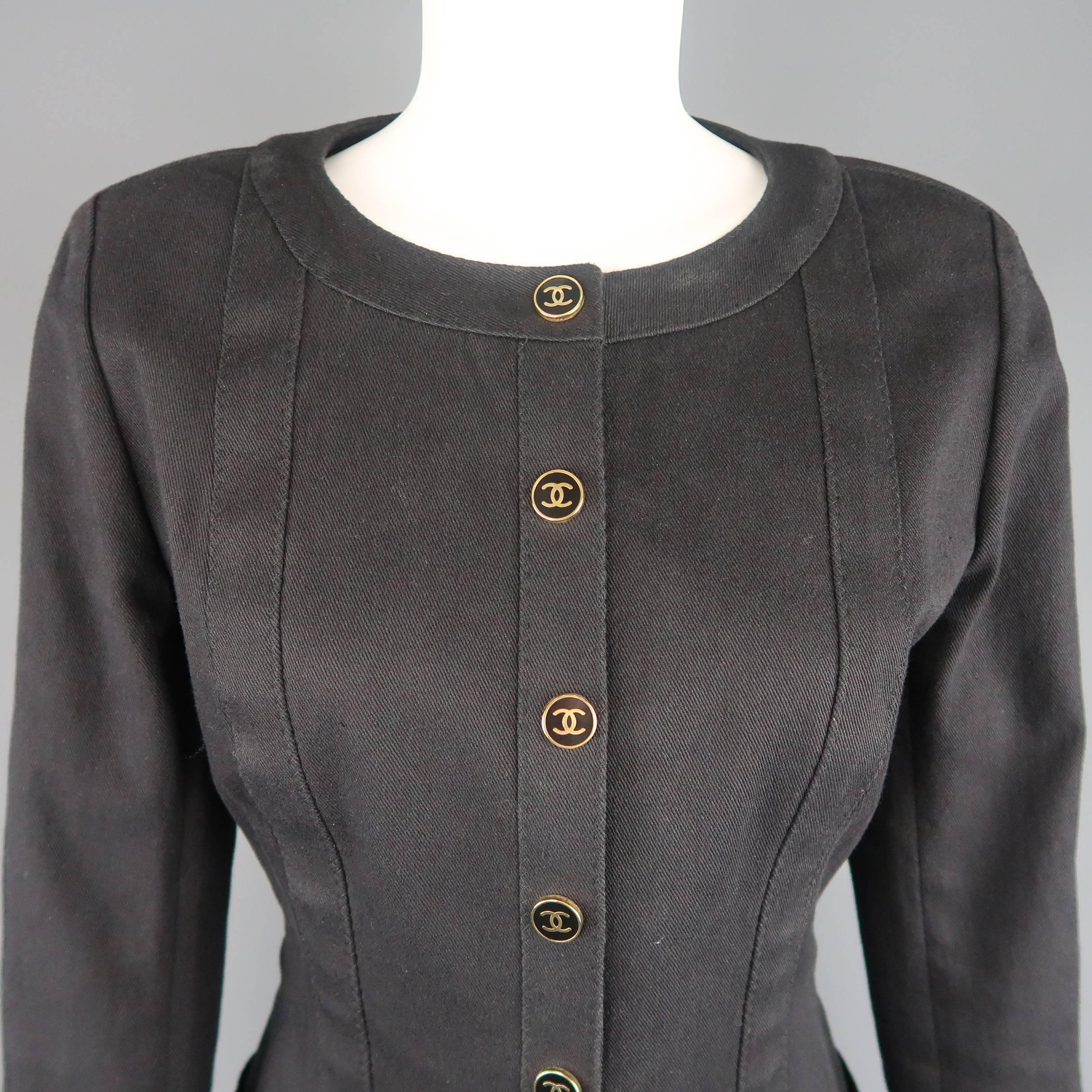 Vintage CHANEL Skirt Suit - Size 8 Black Denim Gold Logo Snap In Good Condition In San Francisco, CA