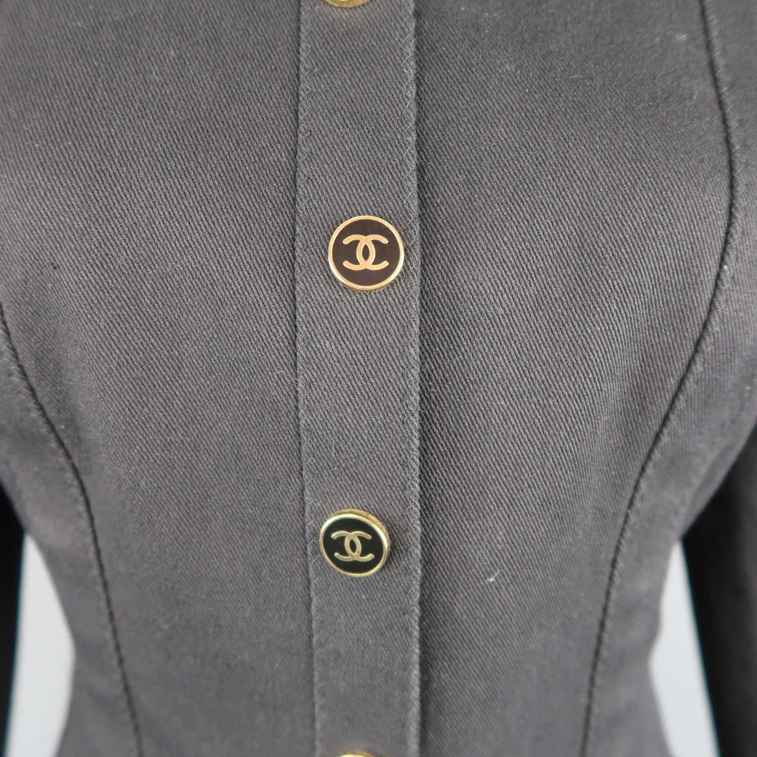 Women's Vintage CHANEL Skirt Suit - Size 8 Black Denim Gold Logo Snap