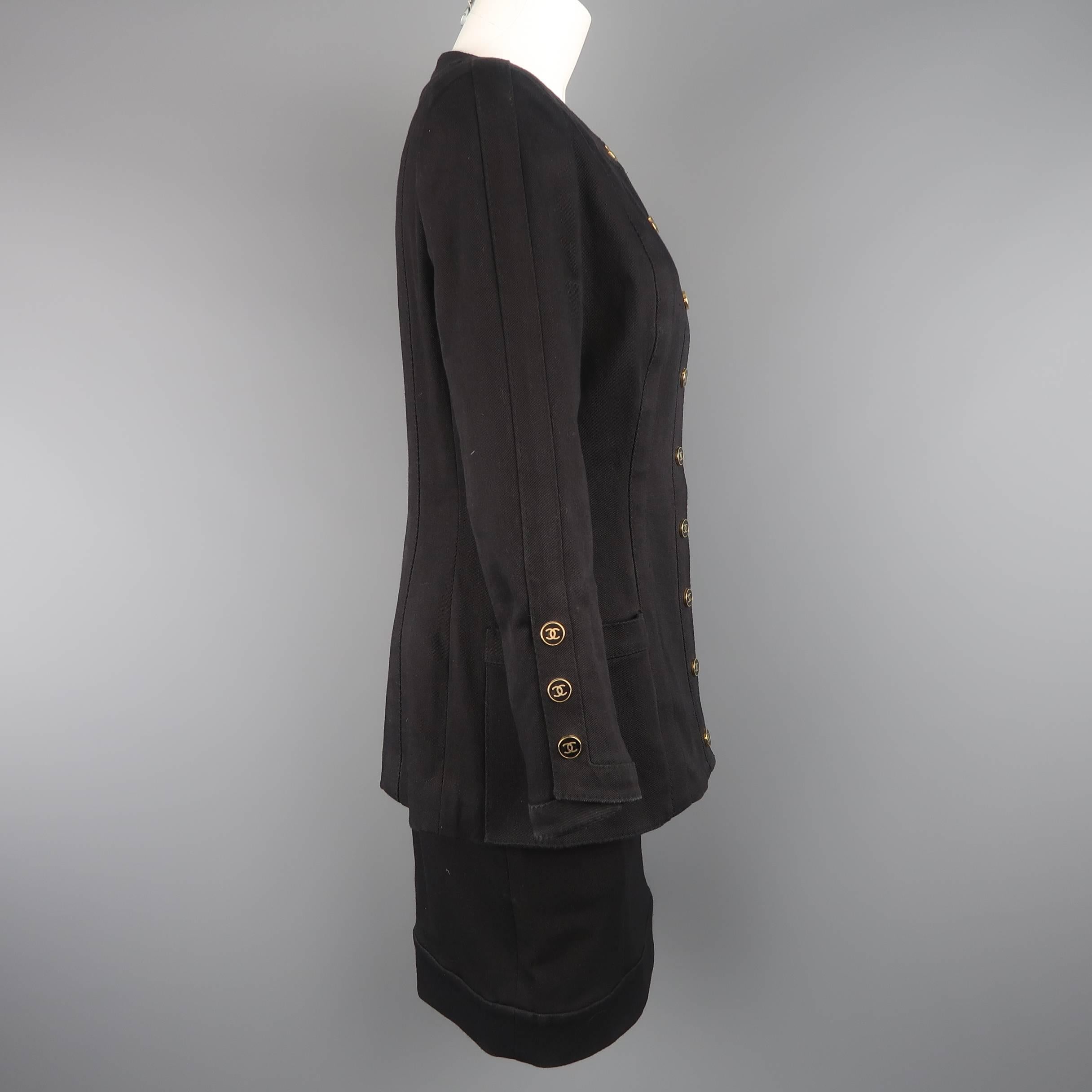 Vintage CHANEL Skirt Suit - Size 8 Black Denim Gold Logo Snap 3