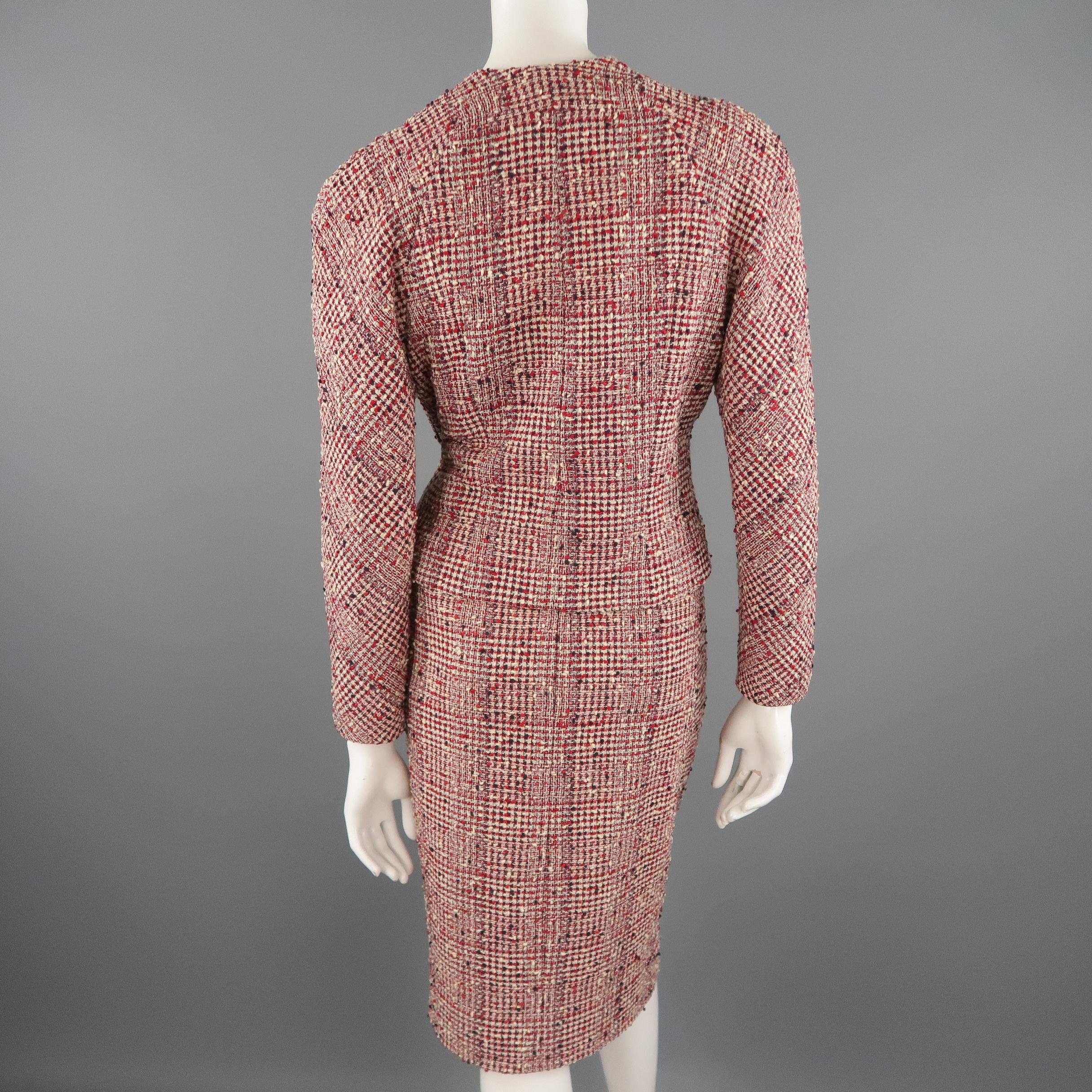 Women's Vintage CHANEL Size M Red Cream & Navy Plaid Boucle Skirt Suit