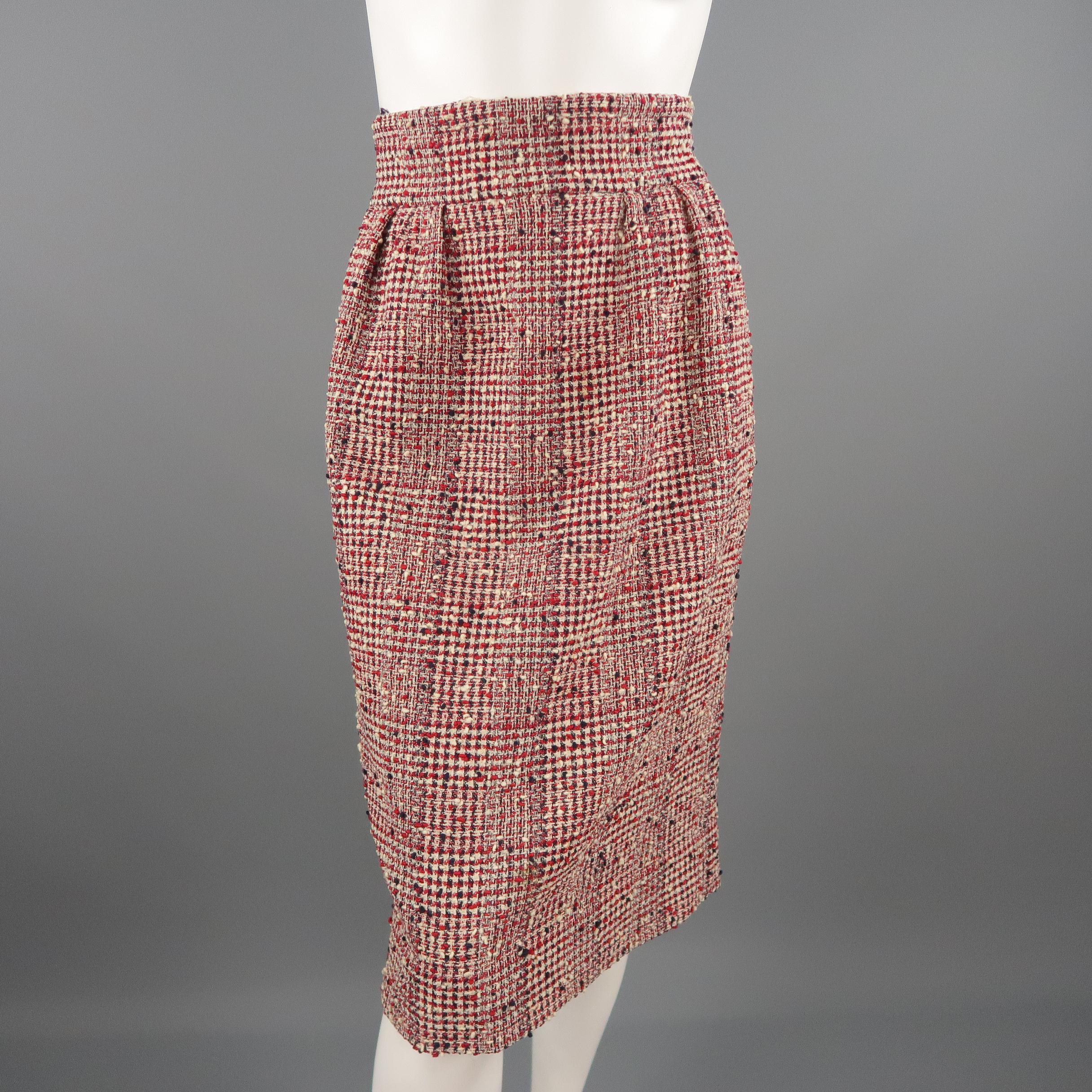 Vintage CHANEL Size M Red Cream & Navy Plaid Boucle Skirt Suit 2