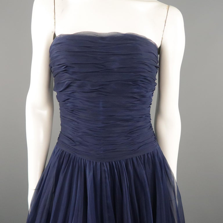 Vintage Chanel Size Us 8 Fr 40 Navy Gathered Silk Strapless