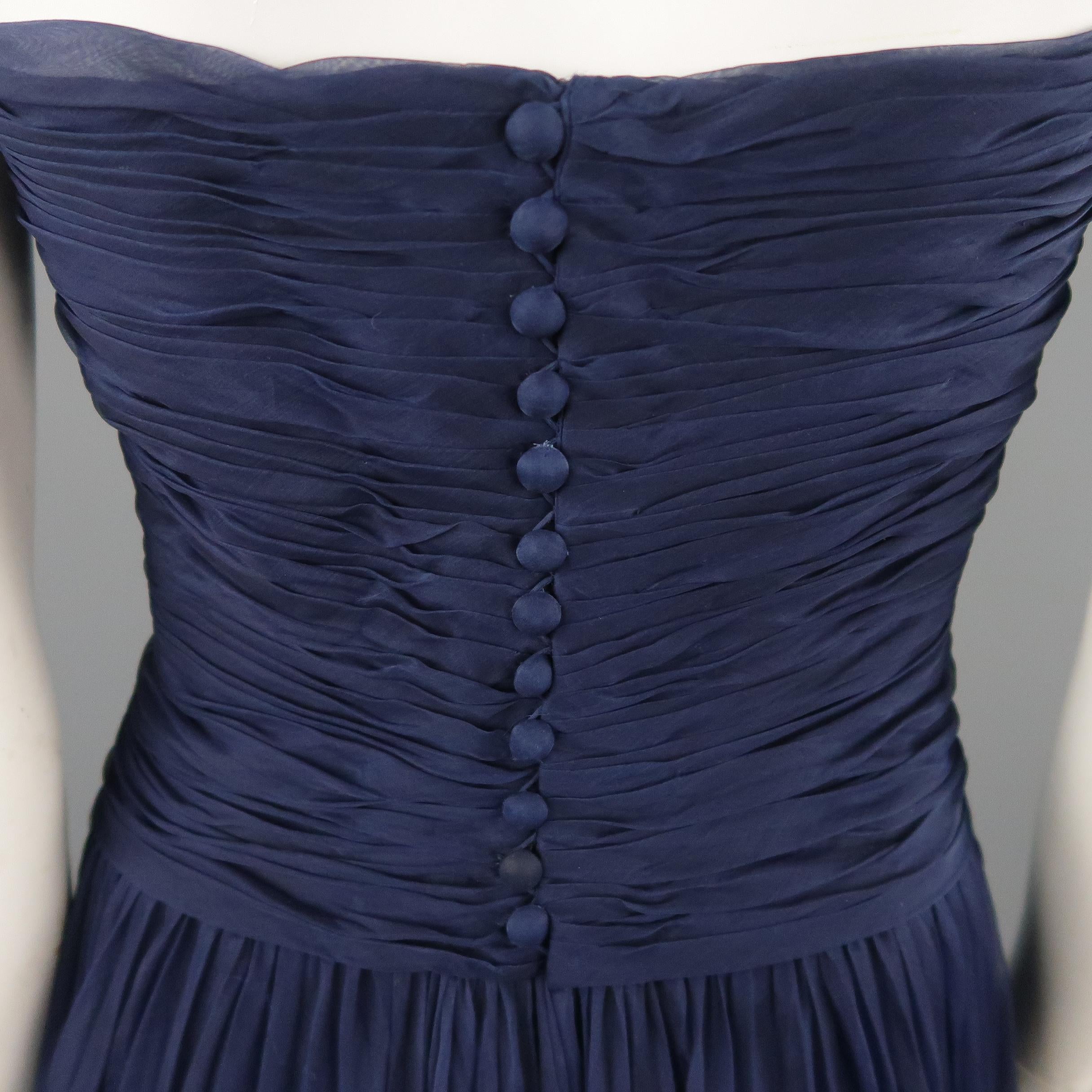 Vintage CHANEL Size US 8 / FR 40 Navy Gathered Silk Strapless Spring 1997 Dress 1