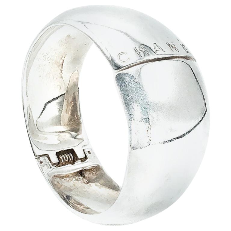 Vintage Chanel Solid Sterling Silver CHANEL Spell Out Cuff 1990s For Sale
