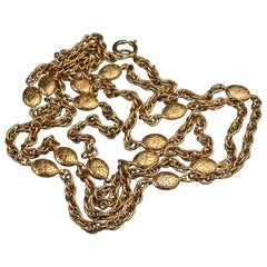 Vintage Chanel Spelled Oval Medallion Charm Long Chain Necklace