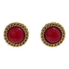 Vintage Chanel Spring 1993 Red Gripoix Glass Clip-On Earrings Gold Rope Frame