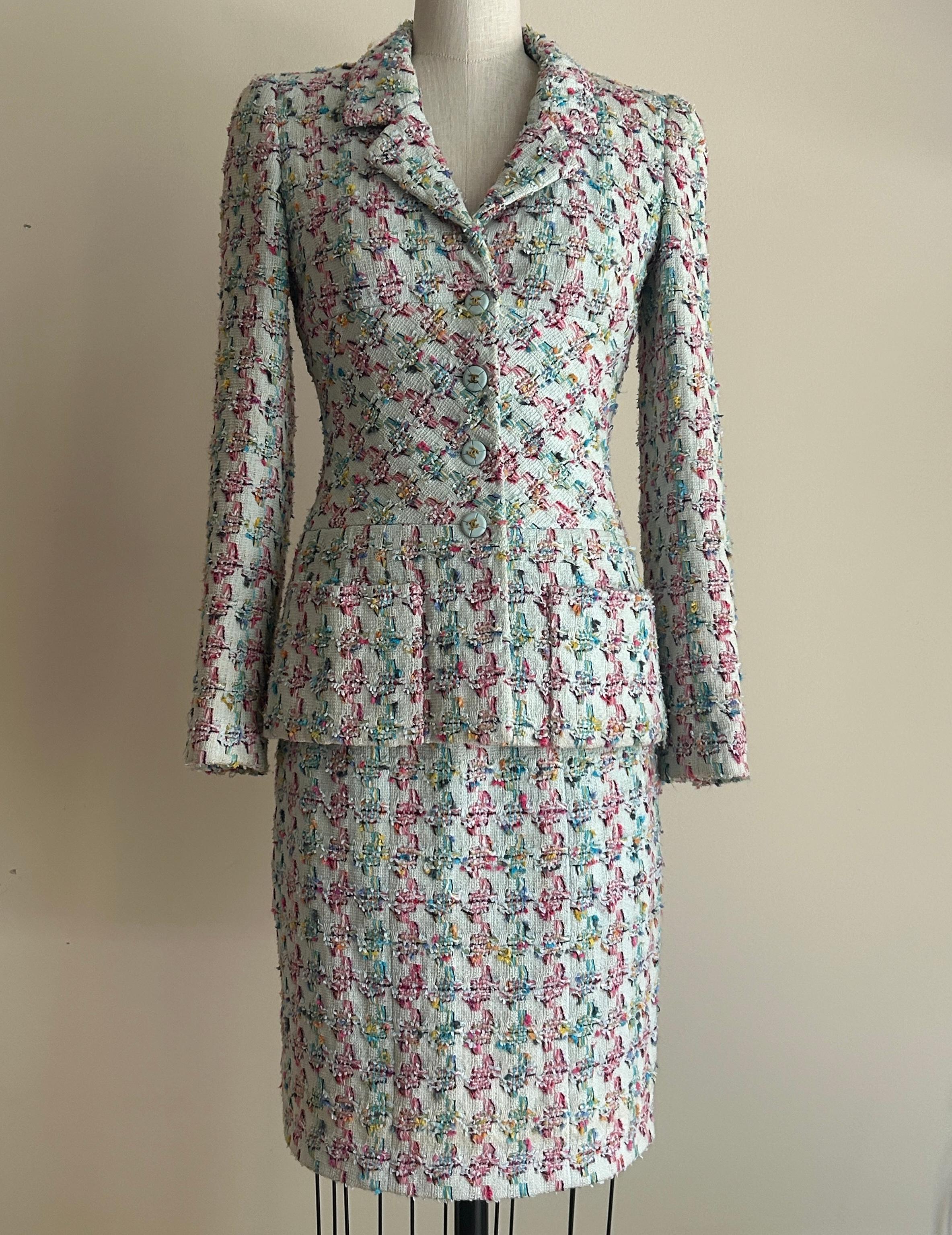 Gray Vintage Chanel Spring 1995 Runway Blue Fantasy Tweed Skirt Suit