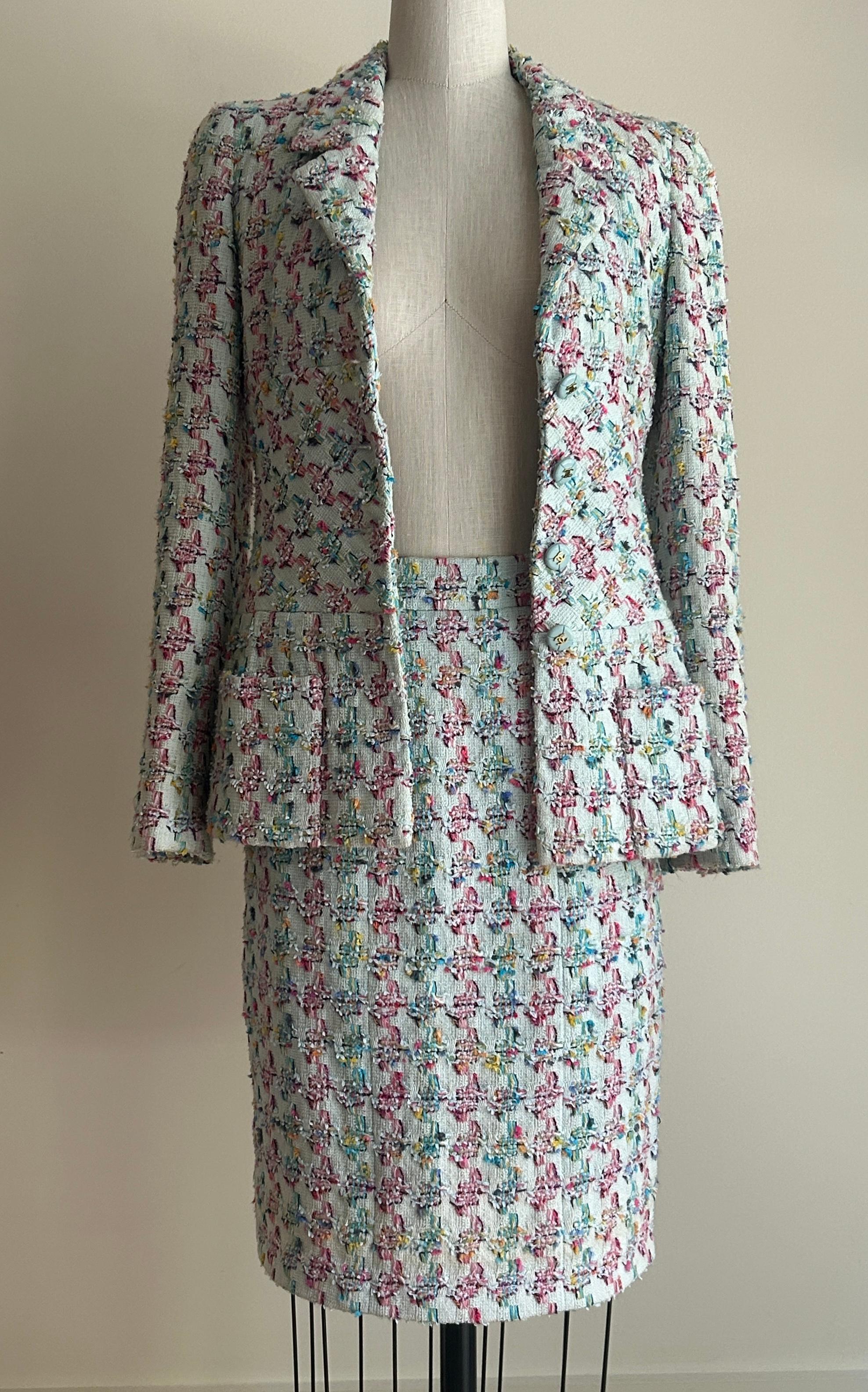 Vintage Chanel Spring 1995 Runway Blue Fantasy Tweed Skirt Suit 1