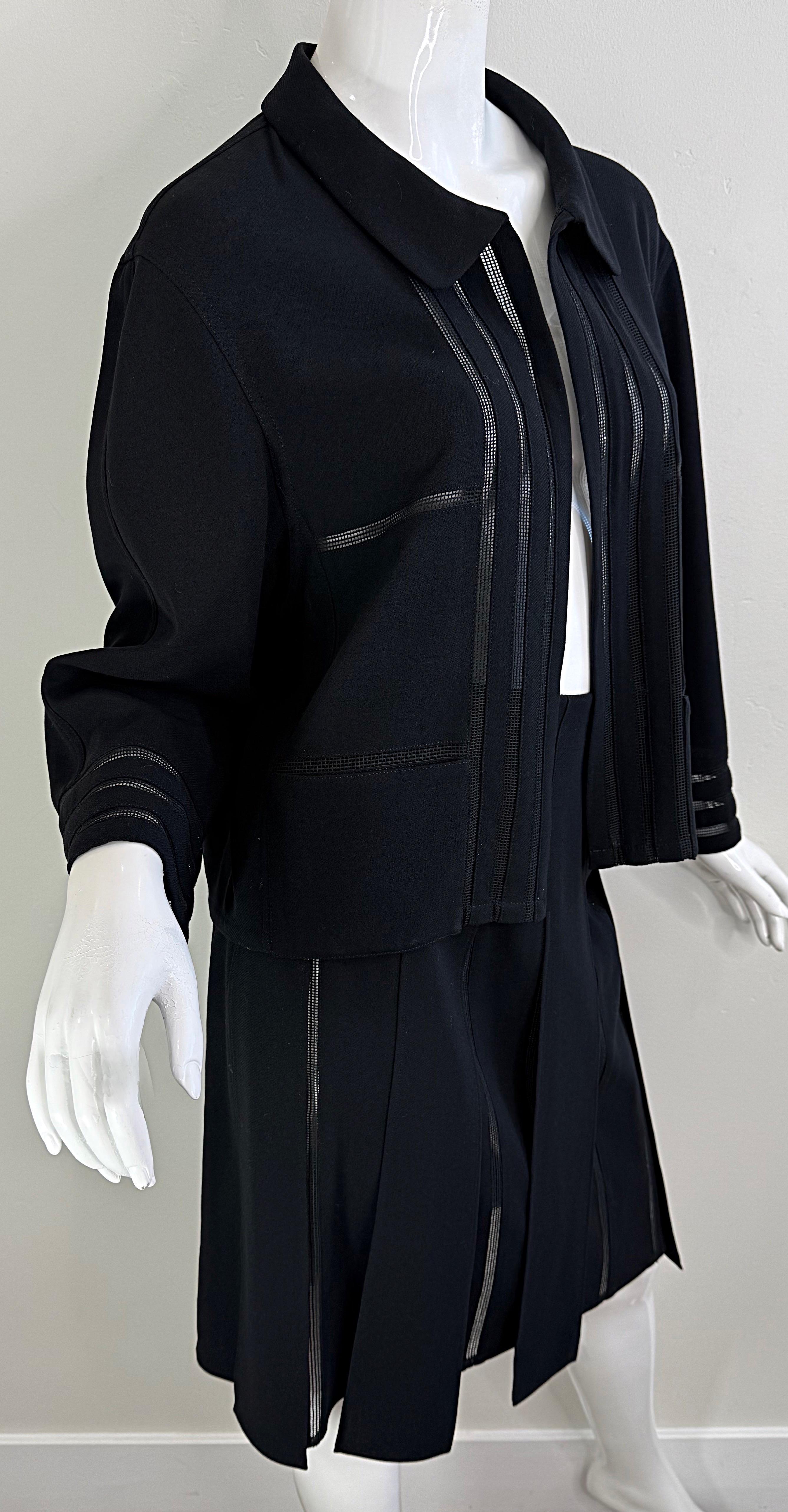 Vintage Chanel Spring 1999 Sz 42 44 Black Sheer Panels Light Wool Skirt Suit For Sale 2