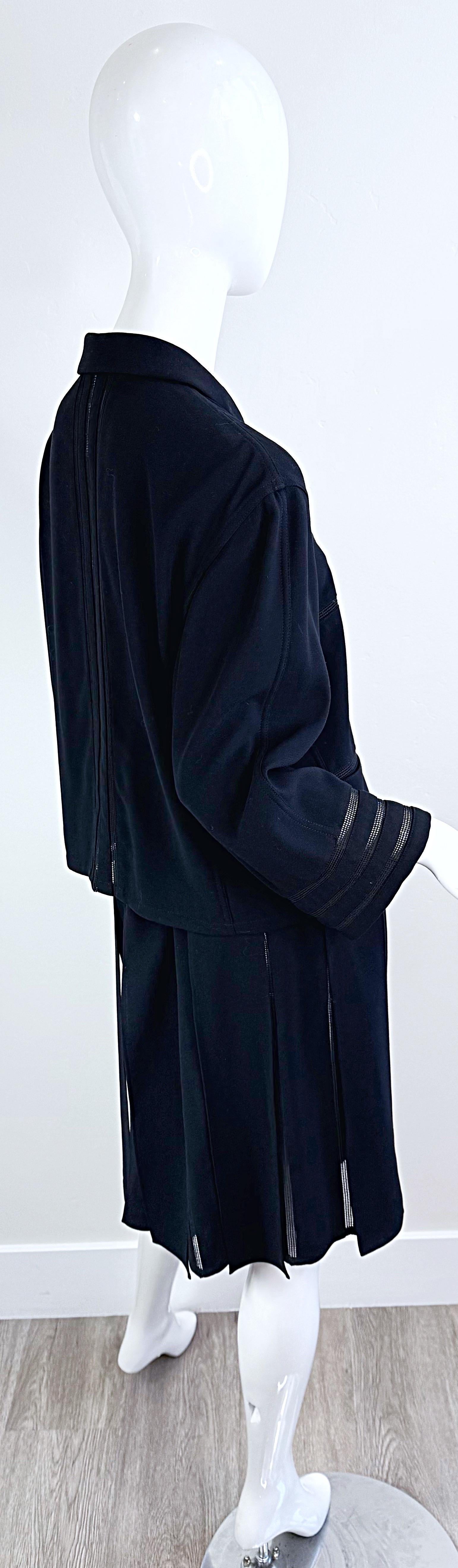 Vintage Chanel Spring 1999 Sz 42 44 Black Sheer Panels Light Wool Skirt Suit For Sale 4