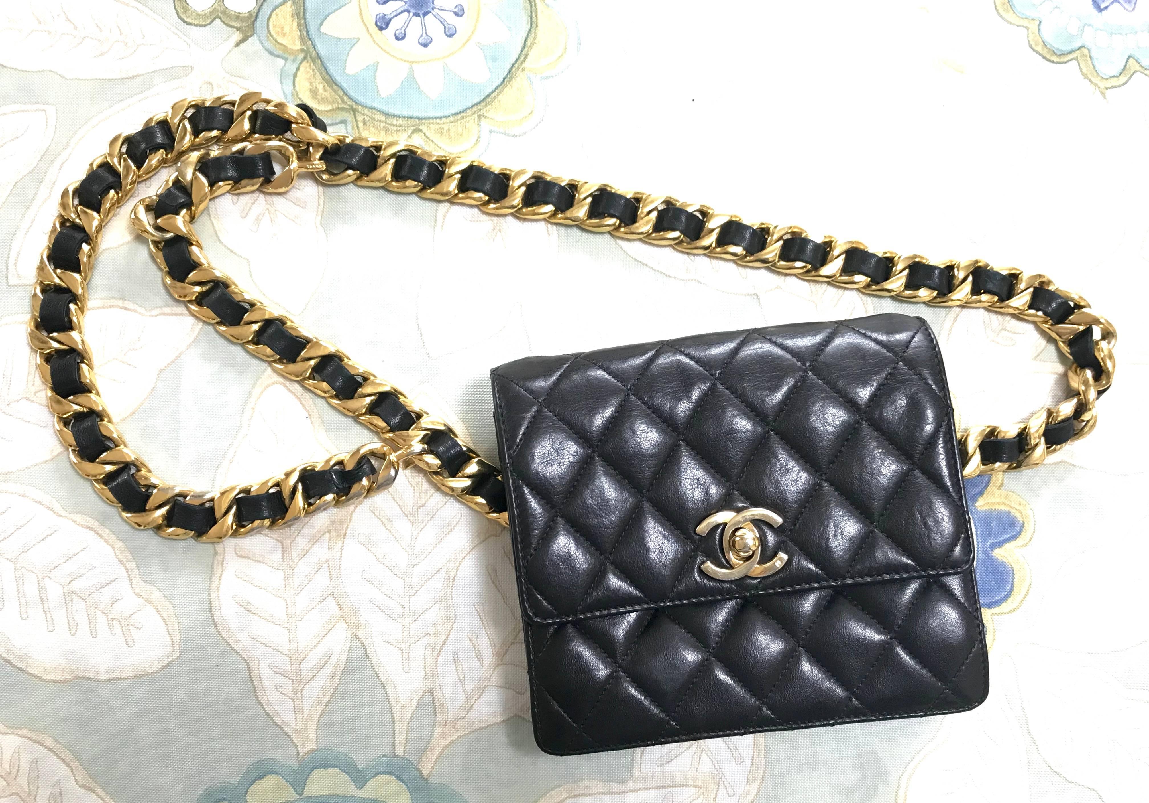 Chanel Vintage square 2.55 black fanny pack / pouch bag with thick chain belt  8