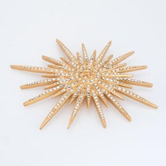 Vintage Chanel Starburst Brooch Pin c2001 Large Crystal Yellow Gold Tone