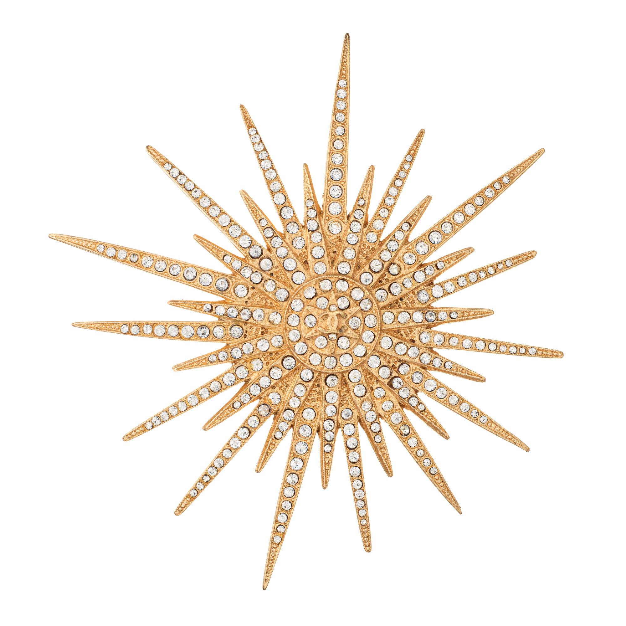 Modern Vintage Chanel Starburst Brooch Pin c2001 Large Crystal Yellow Gold Tone   For Sale