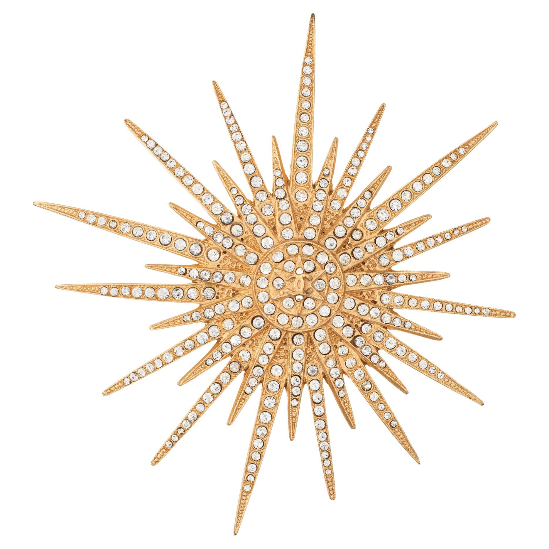 Chanel - Vintage Starburst Brooch Pin C2001 Tone French Modern Crystal Yellow Gold