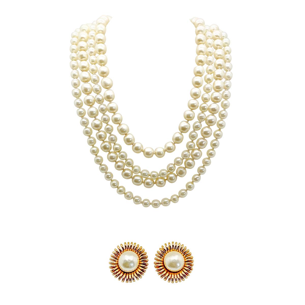 An important and highly desirable vintage chanel pearl necklace and earring suite. Attributed to Maison Gripoix for the House of Chanel and to the first year of the now legendary Karl Lagerfeld at the House.
Beginning with the impressive torsade