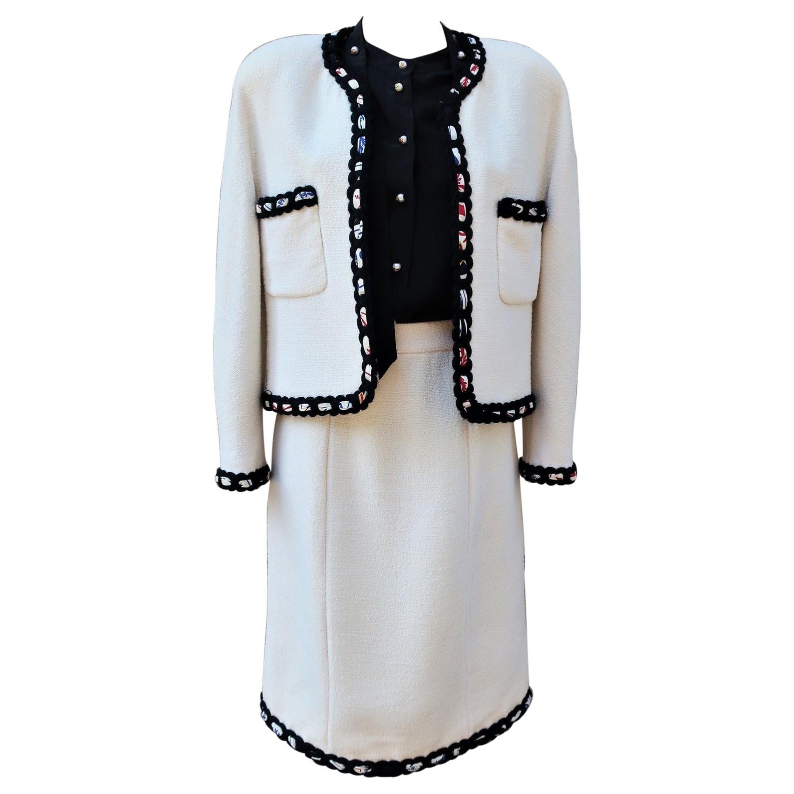 Chanel Couture White Quilted Black Logo Beaded Jacket Dress Suit 38 US4 40  US6  eBay