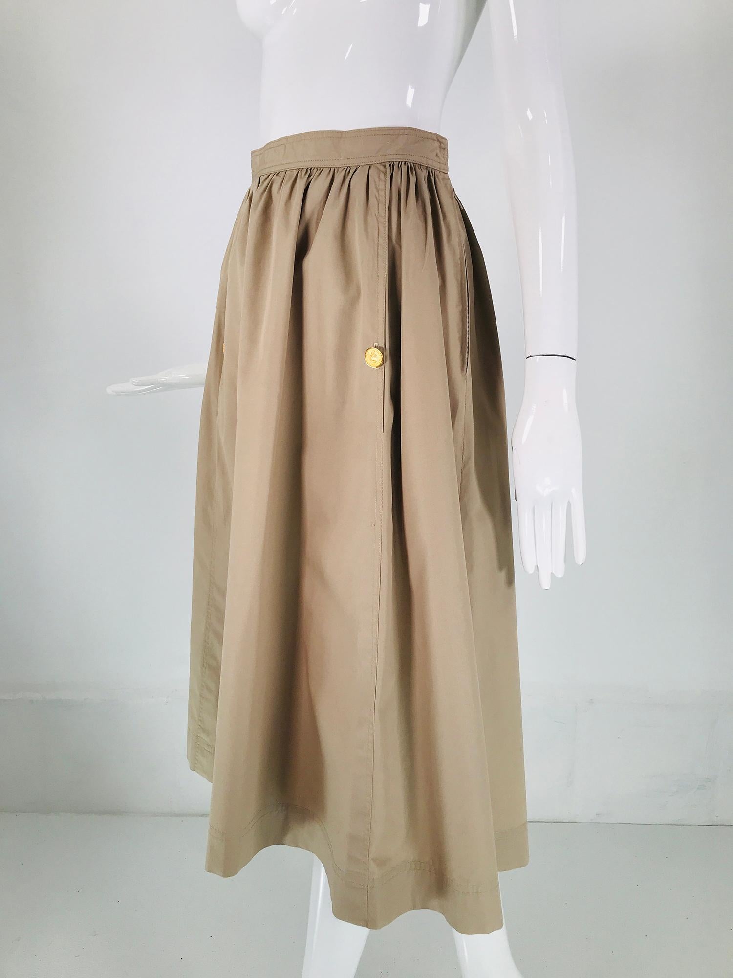 Vintage Chanel Tan Poplin Gathered Skirt with Button Pockets 1