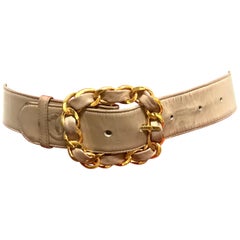 Vintage CHANEL taupe, cocoa brown color thick leather belt with chain buckle.