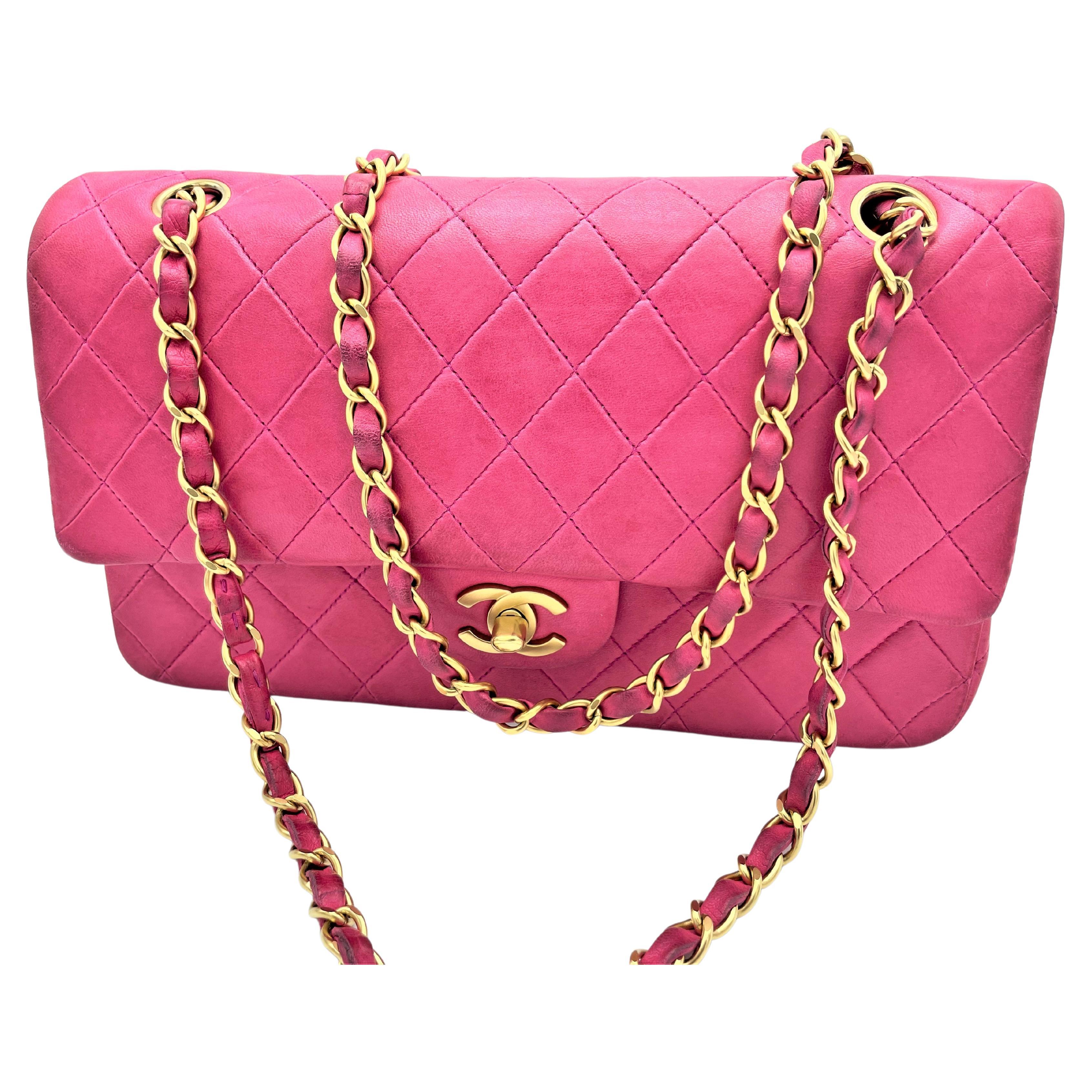 Vintage CHANEL quilted double flap bag, lambskin leather, medium in pink,   
