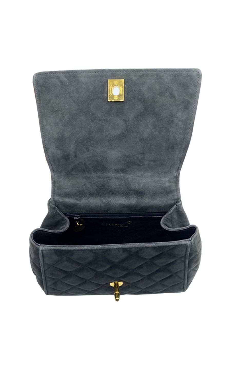 Black Vintage Chanel top handle bag Grey Suede 