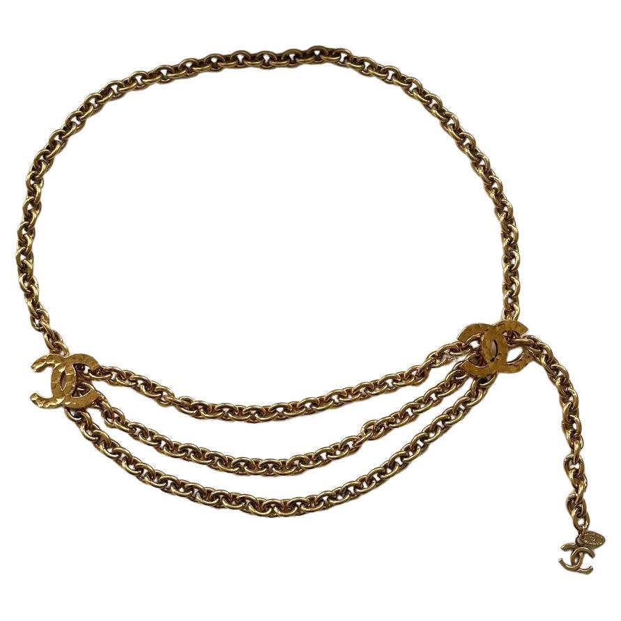 Vintage Chanel Triple-Strand Gold Metal Belt with Iconic Double C Logos 1985 For Sale
