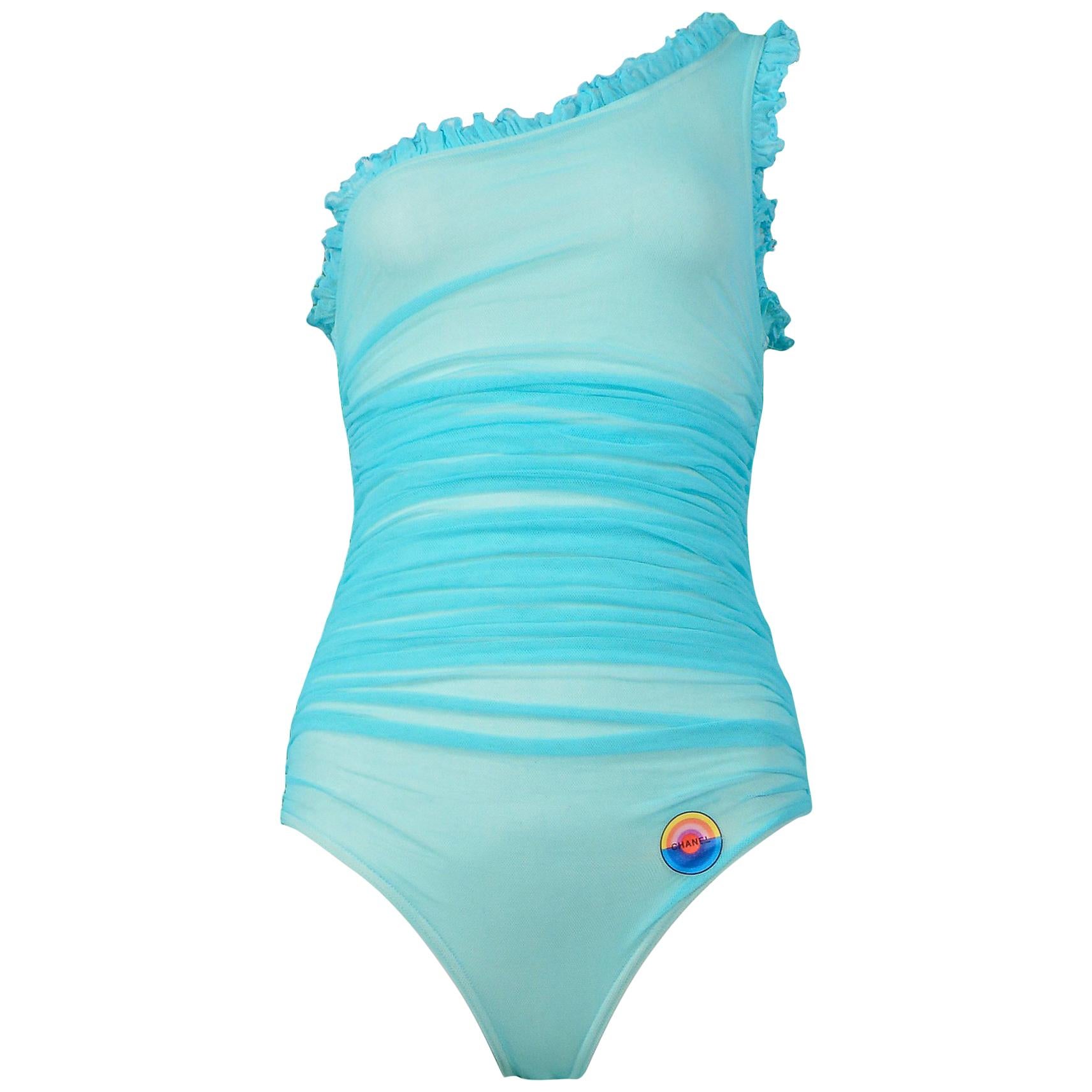 Vintage Chanel Turquoise Blue Asymmetrical One Piece Swimsuit 1984