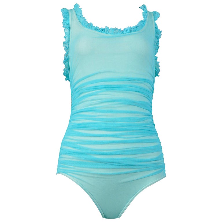 Vintage Chanel Turquoise Blue Ruched One Piece Swimsuit For Sale At 1stdibs