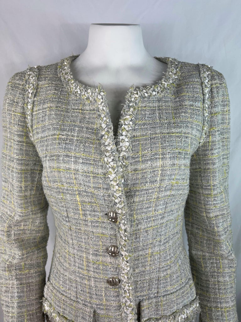 Vintage CHANEL 2 Piece Yellow Tweed Skirt Jacket Set 99A Suit Size 42