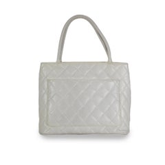Vintage Chanel White Caviar Quilted Leather Medallion Tote Gold Hardware Handbag