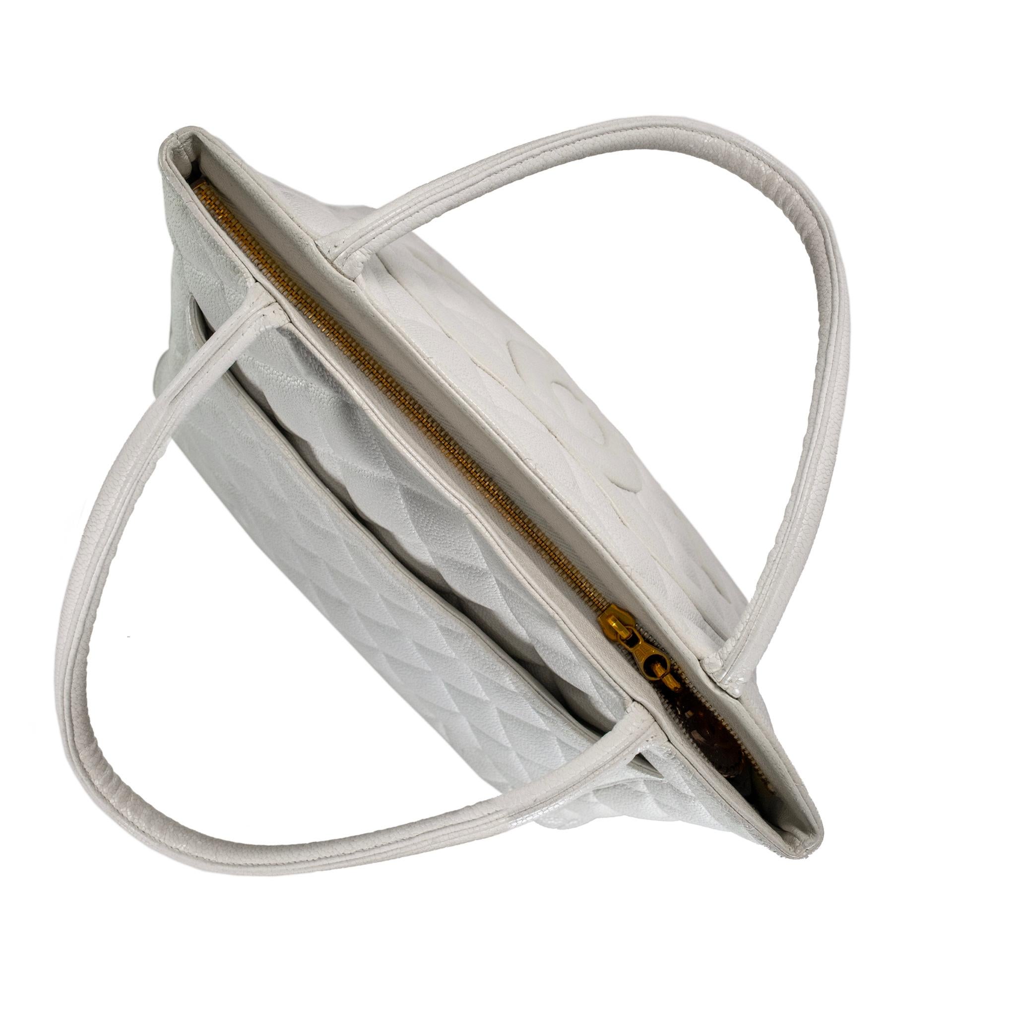 Vintage Chanel Weiß Kaviar Gesteppt Leder Medaillon Tote Gold Hardware Handtasche Damen im Angebot