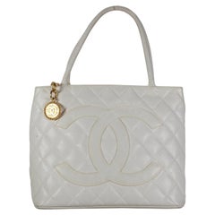 Vintage Chanel White Caviar Quilted Leather Medallion Tote Gold Hardware Handbag