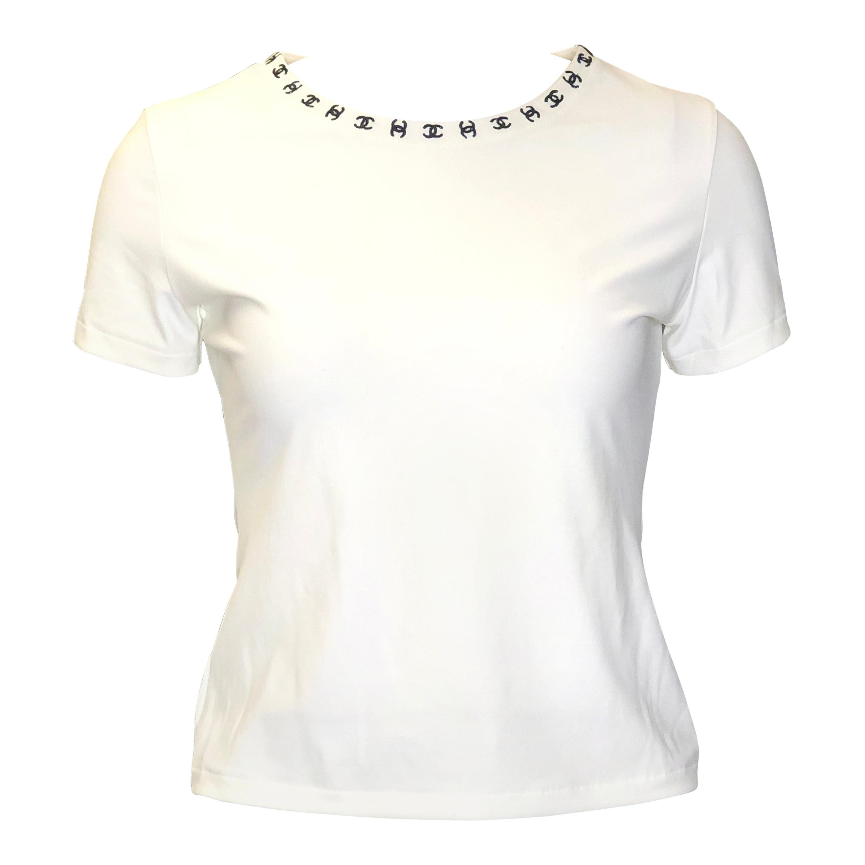 Vintage Chanel White CC Logo Embroidered Short Sleeves Top at