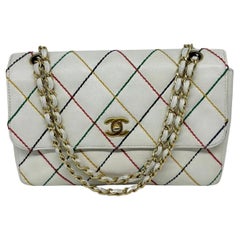 Vintage Chanel White Multicolor Wild Stitch Medium Flap Bag