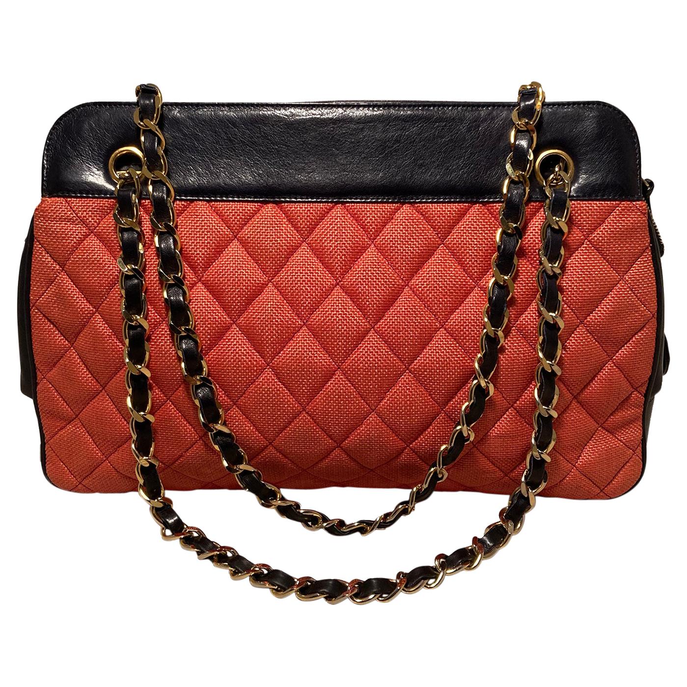 Vintage Chanel Woven Raffia and Leather Shoulder Bag Tote