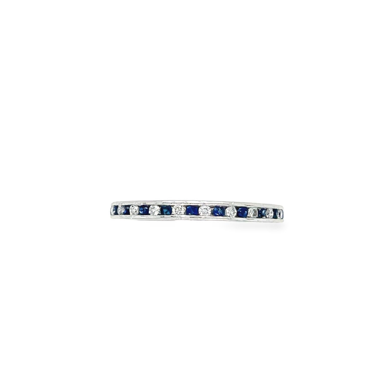 Art Deco Vintage Channel Set Diamond and Blue Sapphire Eternity Ring 18k White Gold