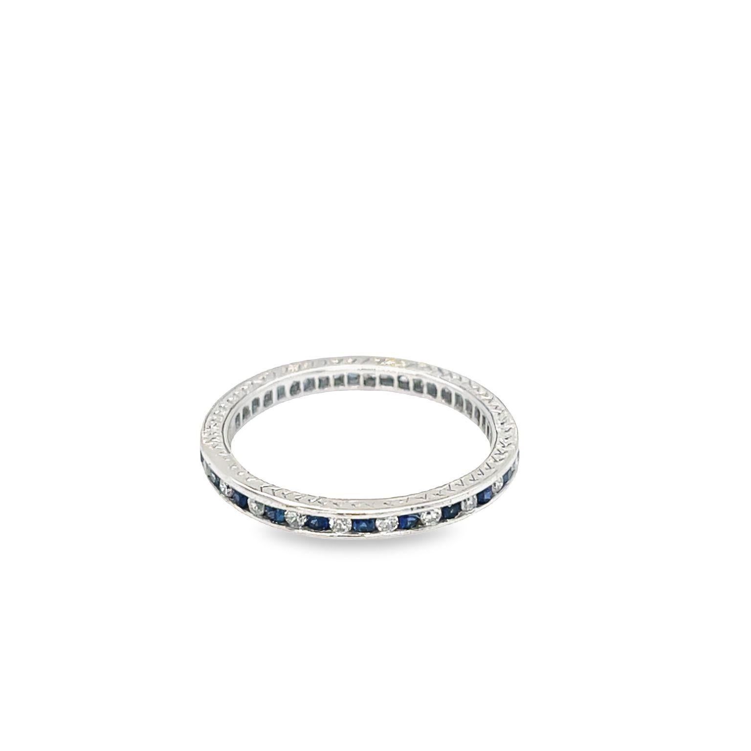 Round Cut Vintage Channel Set Diamond and Blue Sapphire Eternity Ring 18k White Gold