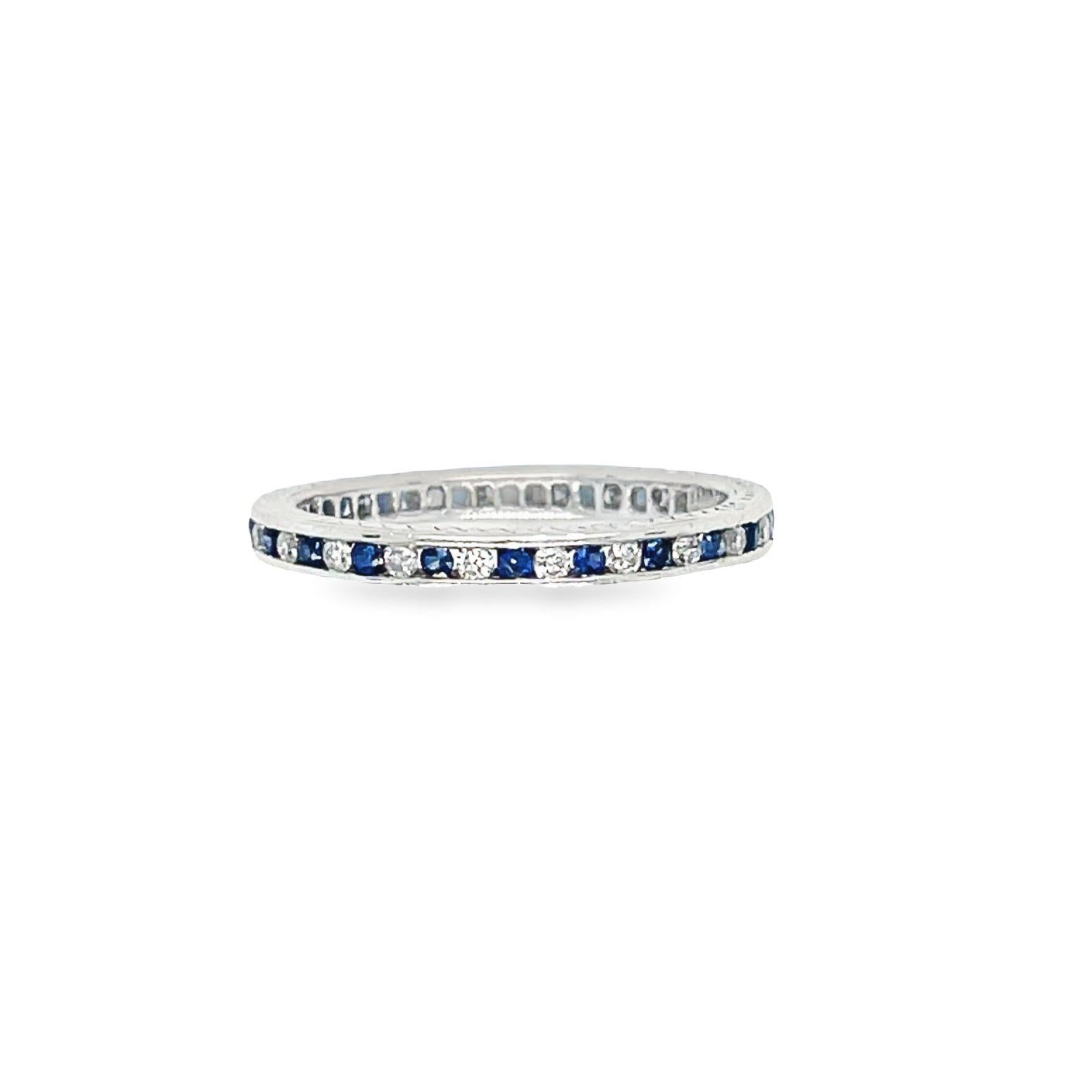 Vintage Channel Set Diamond and Blue Sapphire Eternity Ring 18k White Gold In Excellent Condition In beverly hills, CA