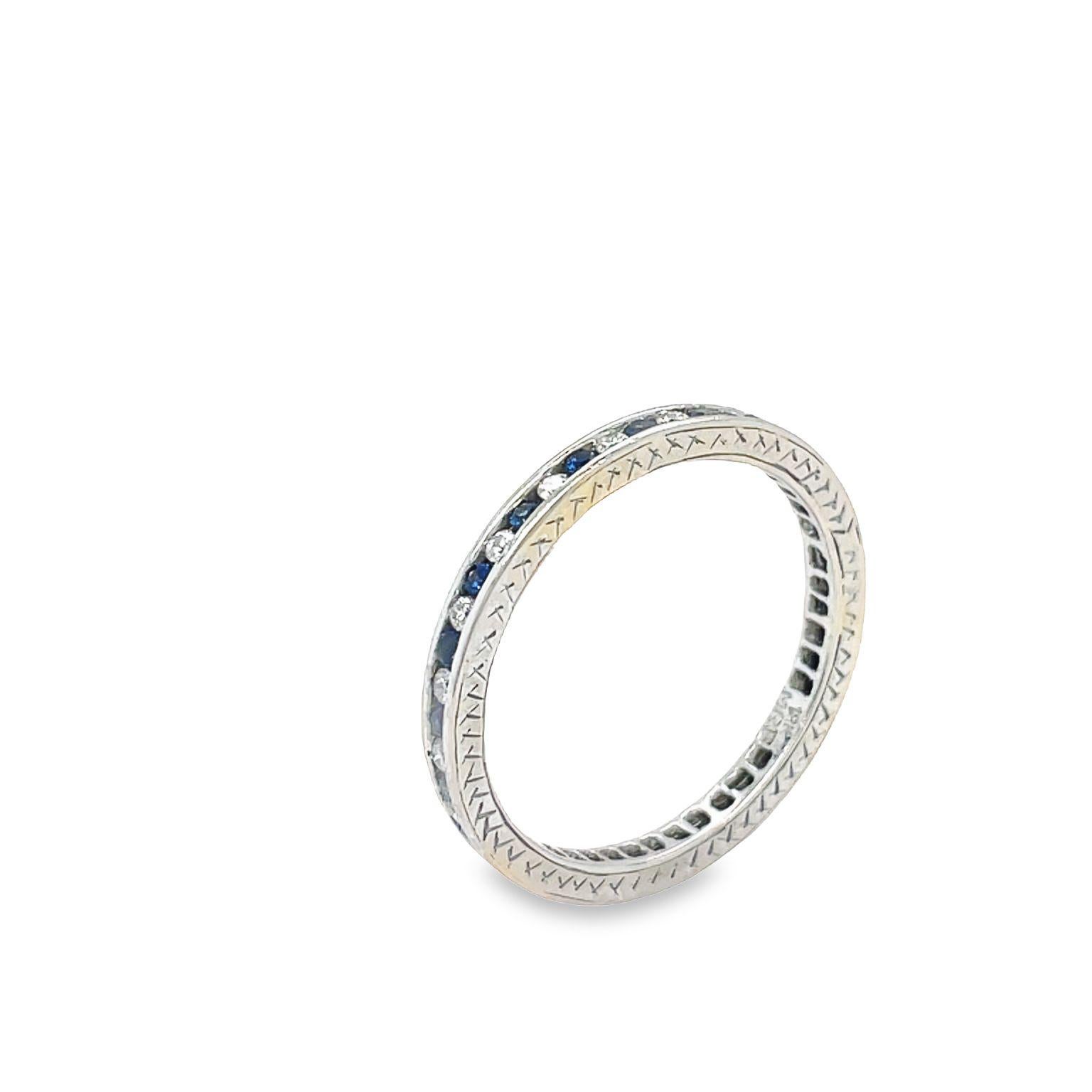 Women's Vintage Channel Set Diamond and Blue Sapphire Eternity Ring 18k White Gold