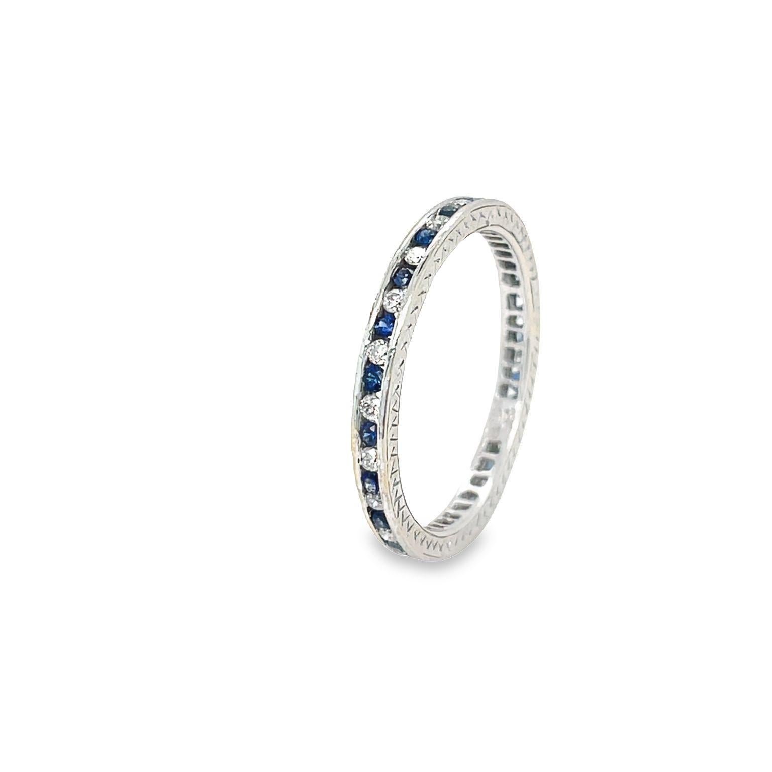 Vintage Channel Set Diamond and Blue Sapphire Eternity Ring 18k White Gold 1