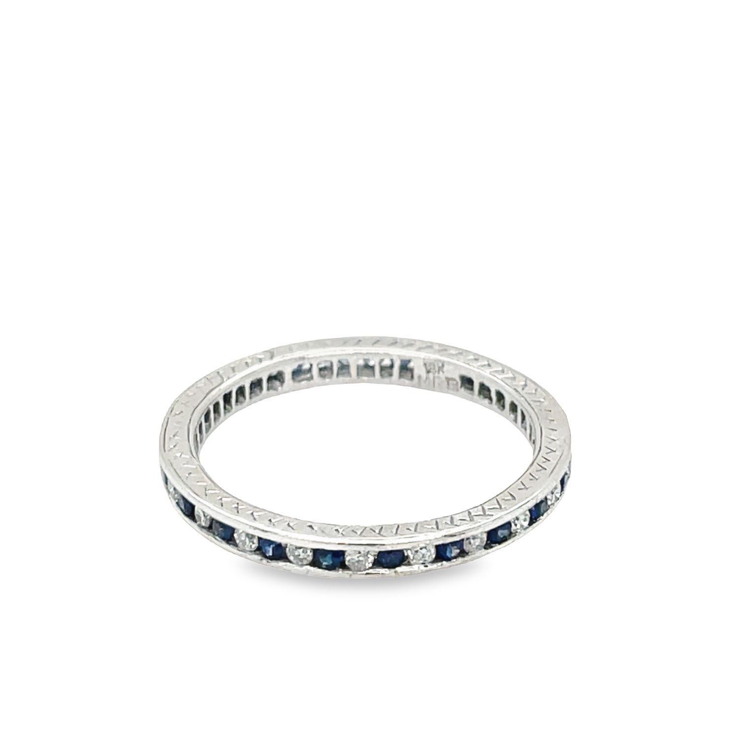 Vintage Channel Set Diamond and Blue Sapphire Eternity Ring 18k White Gold 2