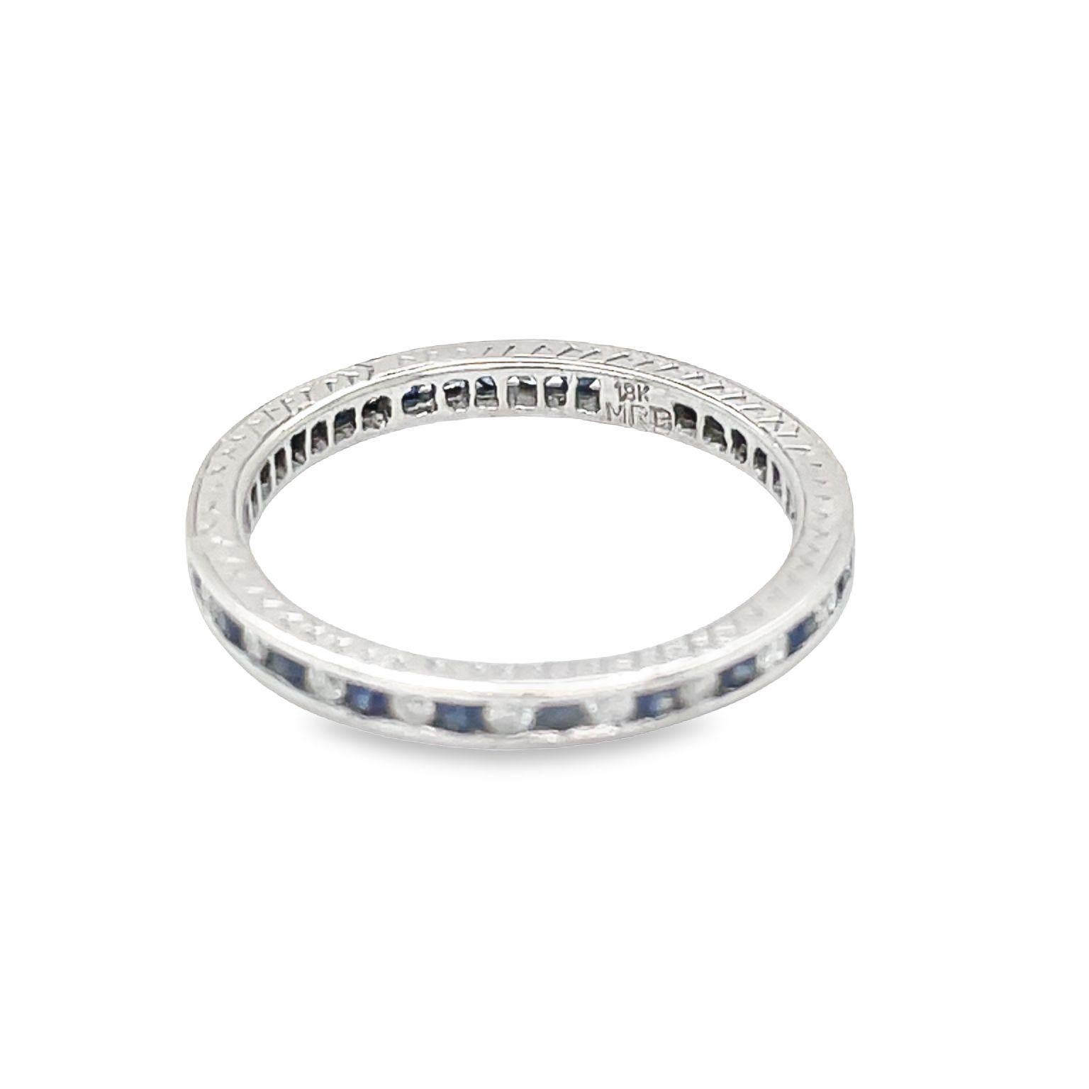 Vintage Channel Set Diamond and Blue Sapphire Eternity Ring 18k White Gold 3