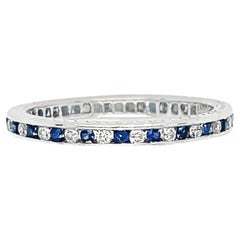 Vintage Channel Set Diamond and Blue Sapphire Eternity Ring 18k White Gold