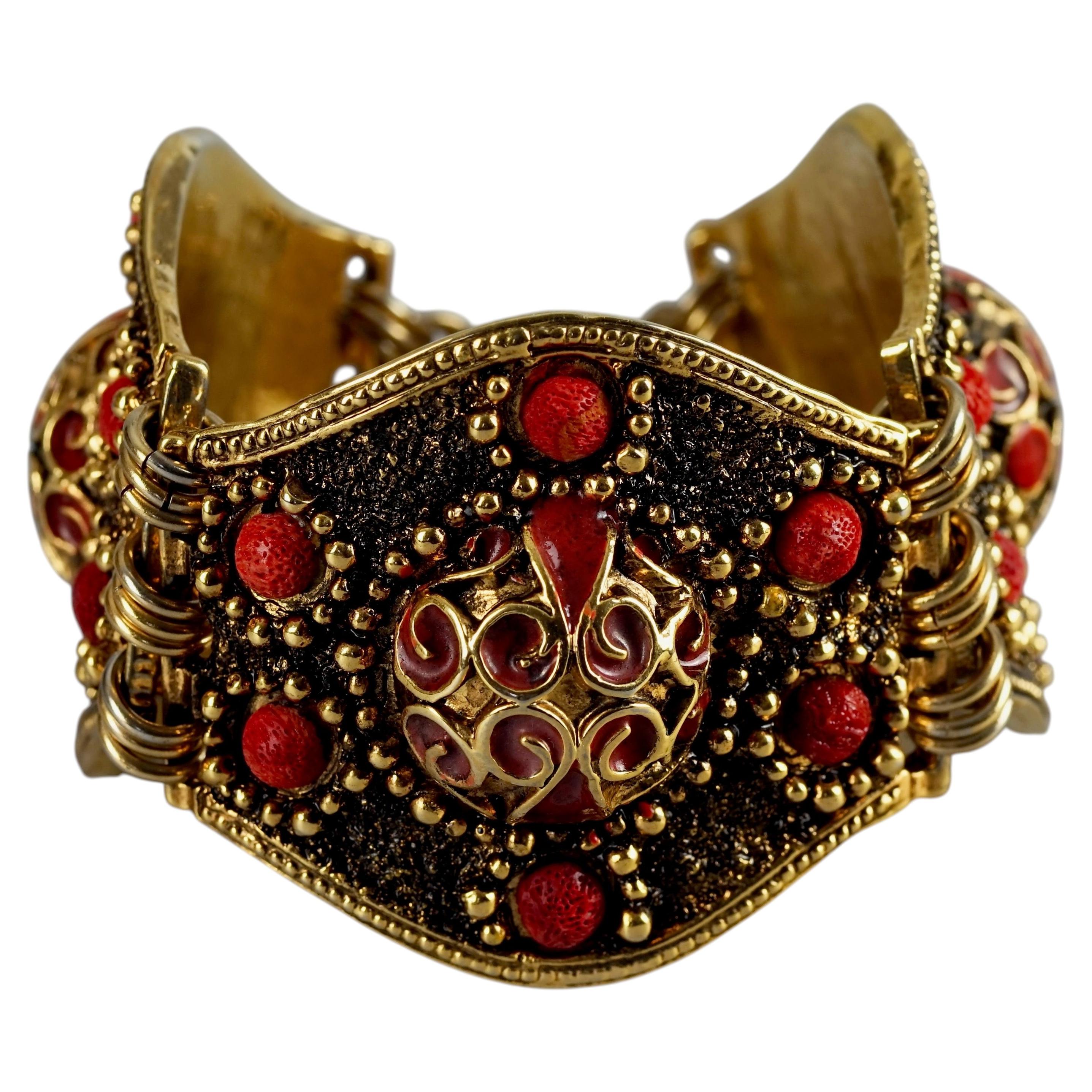 Vintage CHANTAL THOMASS Ethnic Textured Patinated Articulated Cuff Bracelet For Sale