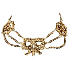 Vintage CHANTAL THOMASS French Bow and Flower Charms Gilt Beaded Swag Necklace