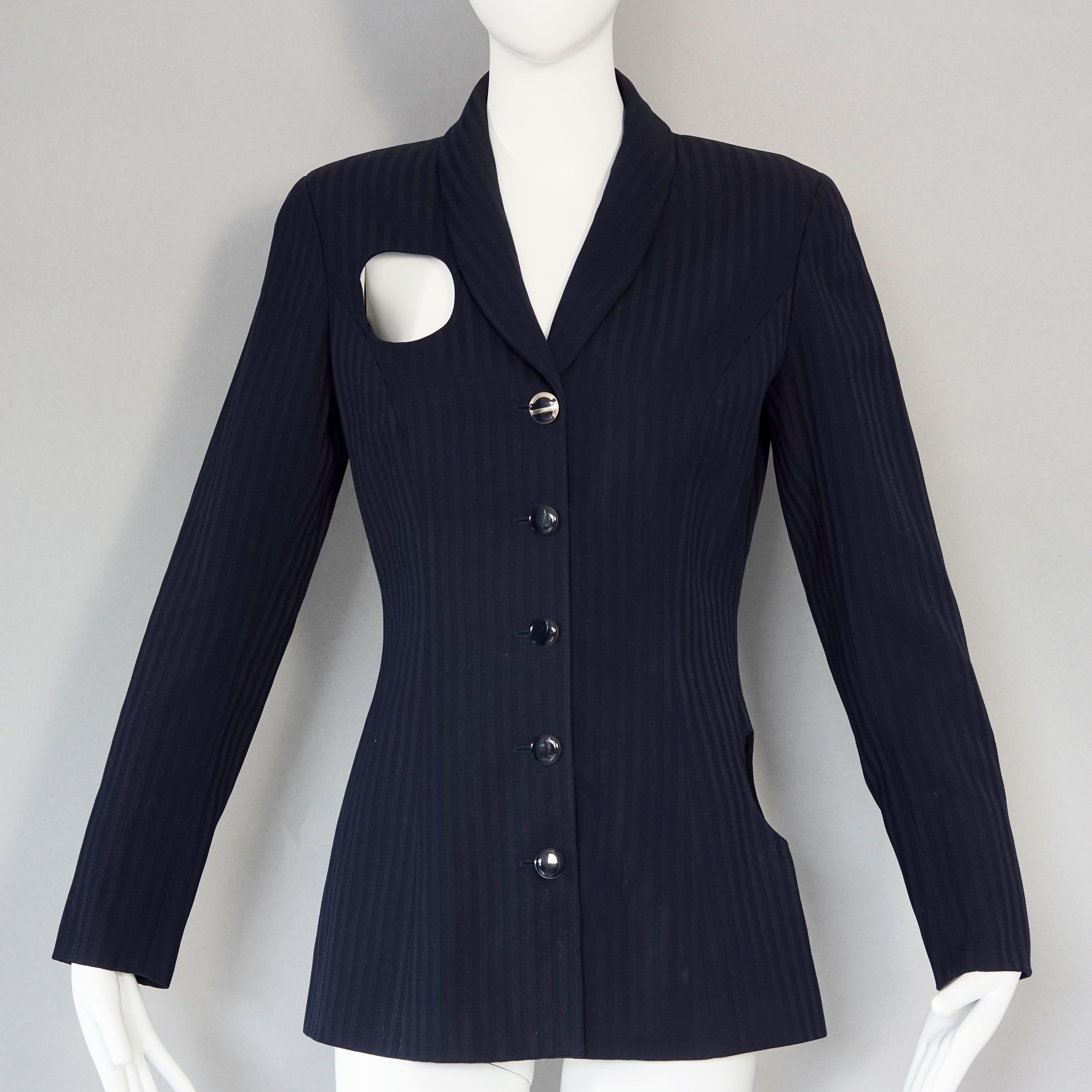 Vintage CHANTAL THOMASS Irregular Openwork Self Stripe Navy Blue Blazer Jacket

Measurements taken laid flat, please double bust, waist and hips:
Shoulder: 15.35 inches (39 cm)
Sleeves: 23.62 inches (60 cm)
Bust: 18.70 inches (47.5 cm)
Waist: 16.92