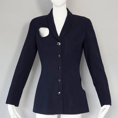 Vintage CHANTAL THOMASS Irregular Openwork Self Stripe Navy Blue Blazer Jacket