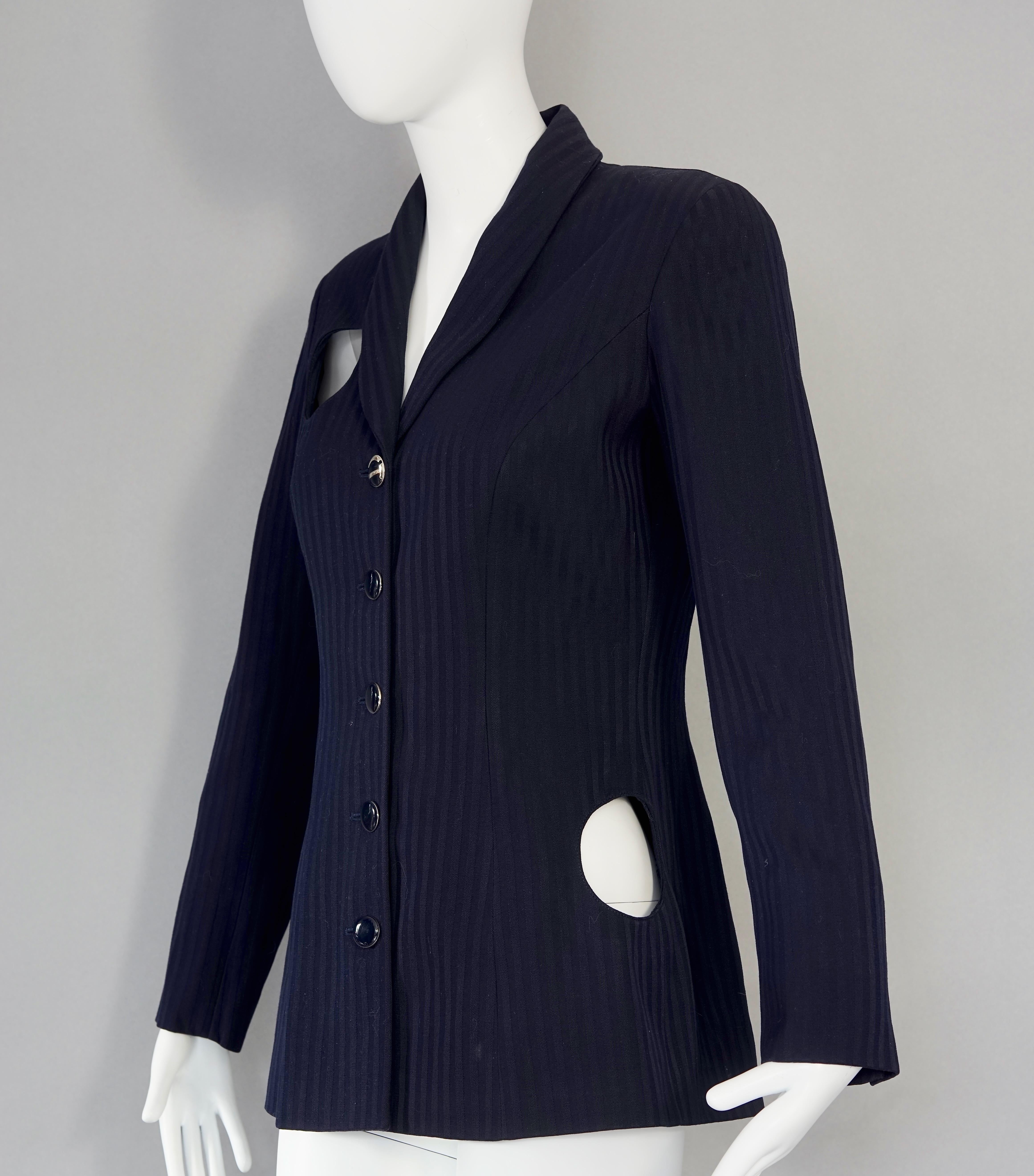 Vintage CHANTAL THOMASS Irregular Openwork Self Stripe Navy Blue Blazer Jacket In Excellent Condition For Sale In Kingersheim, Alsace