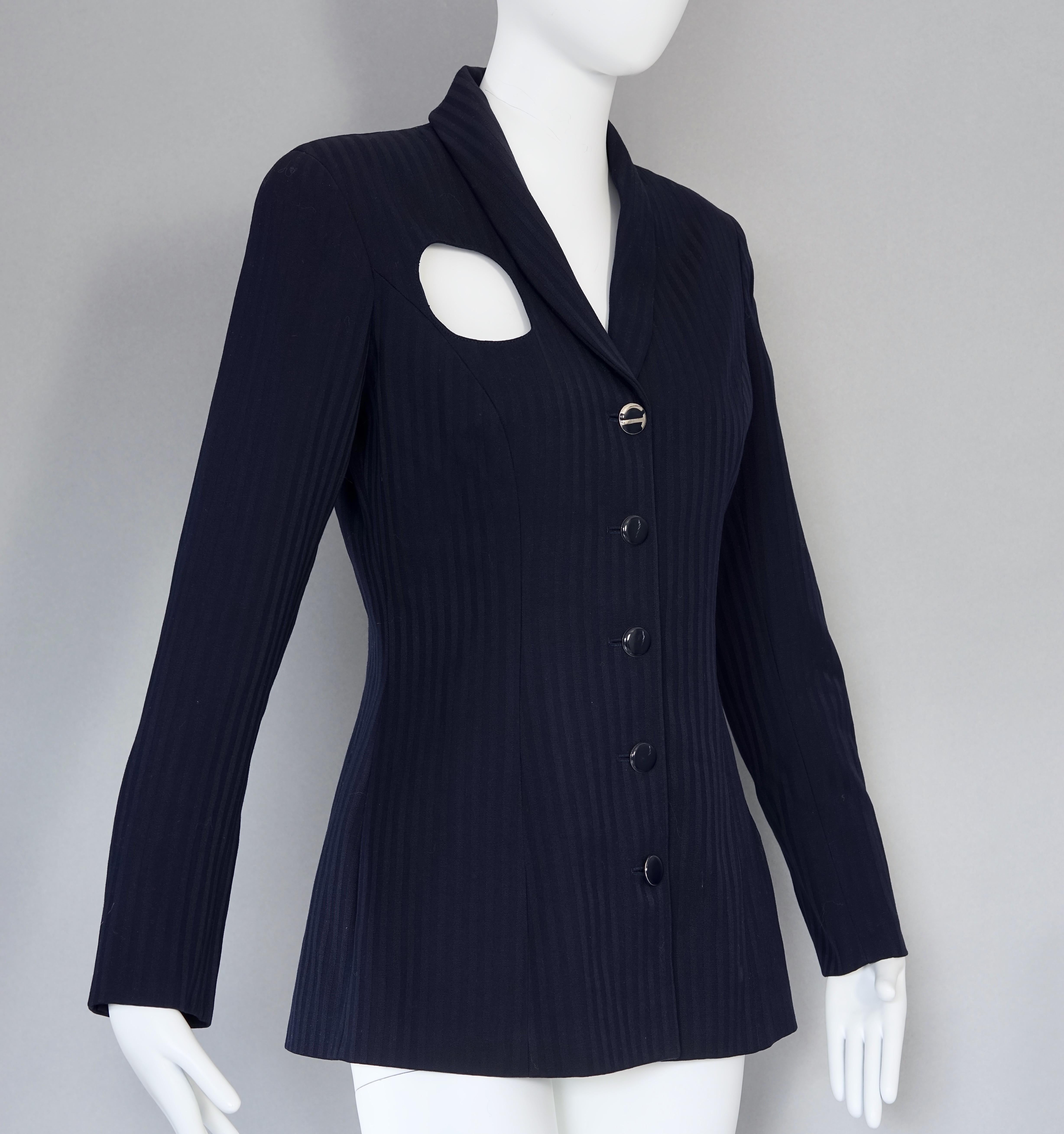 Women's Vintage CHANTAL THOMASS Irregular Openwork Self Stripe Navy Blue Blazer Jacket For Sale
