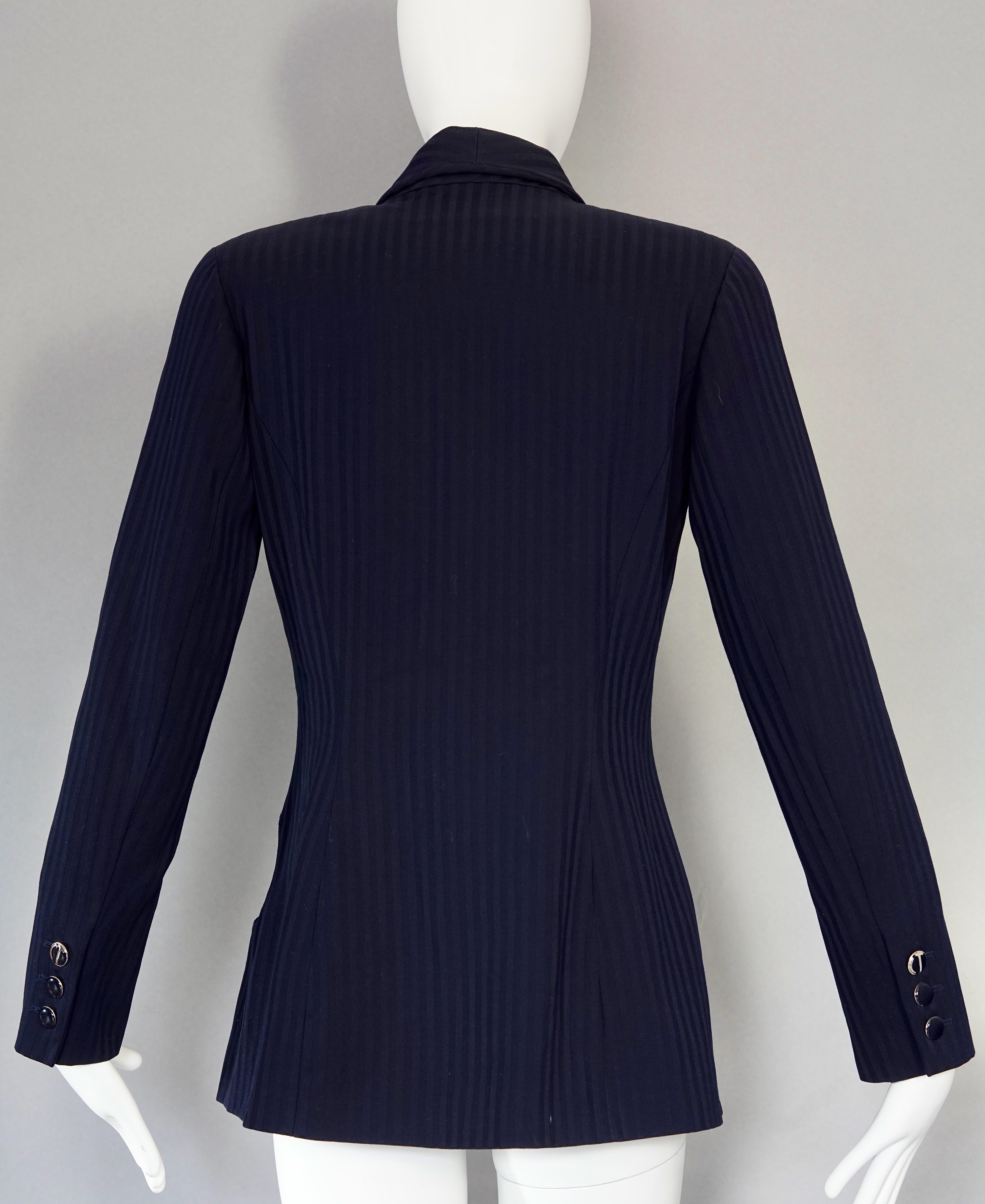 Vintage CHANTAL THOMASS Irregular Openwork Self Stripe Navy Blue Blazer Jacket For Sale 1